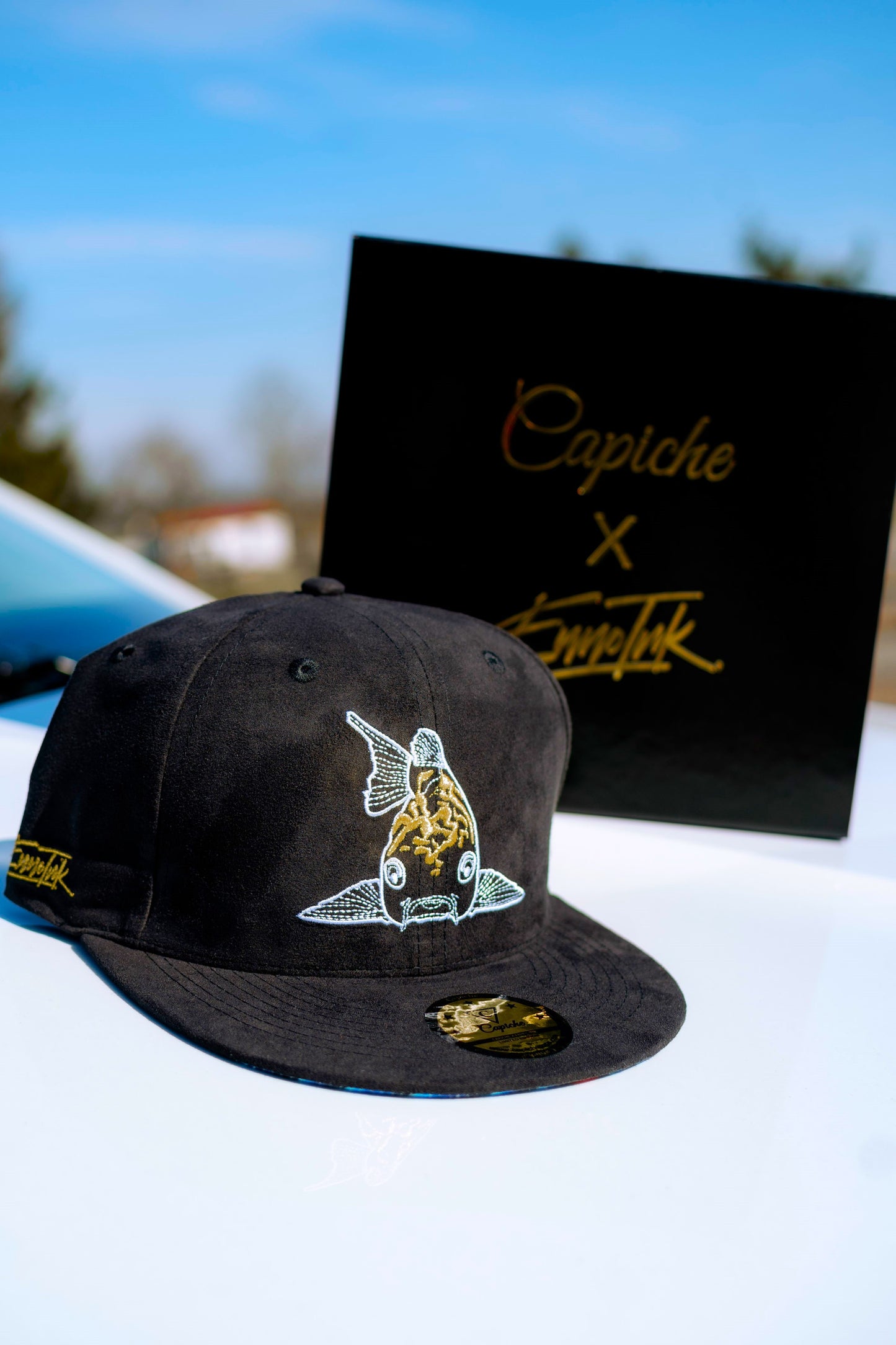 Enno_Ink x Capiche Collab Snapback Black Suede - The Koi 2.0 - Capiche Caps Black