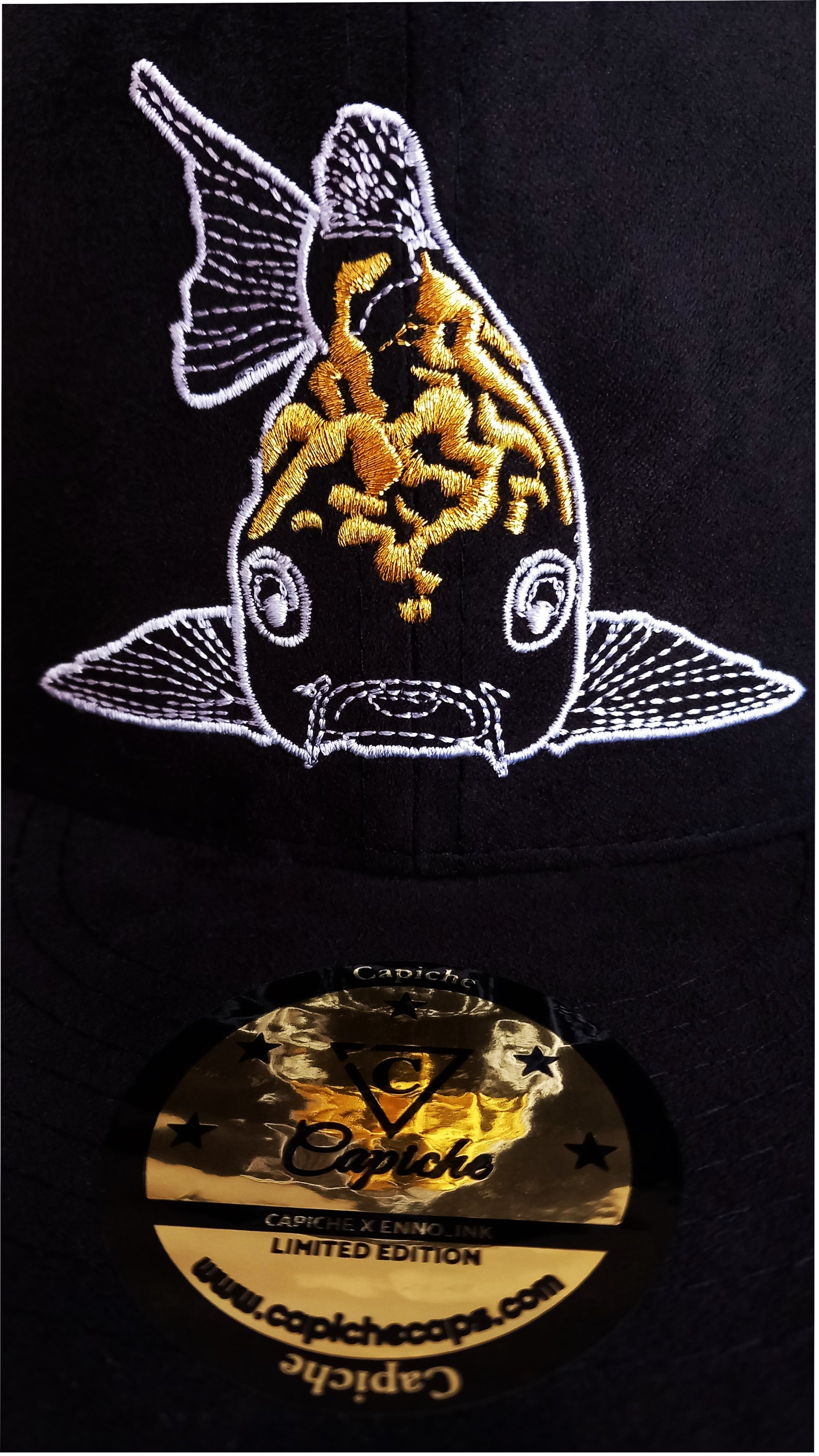 Enno_Ink x Capiche Collab Snapback Black Suede - The Koi 2.0 - Capiche Caps Black