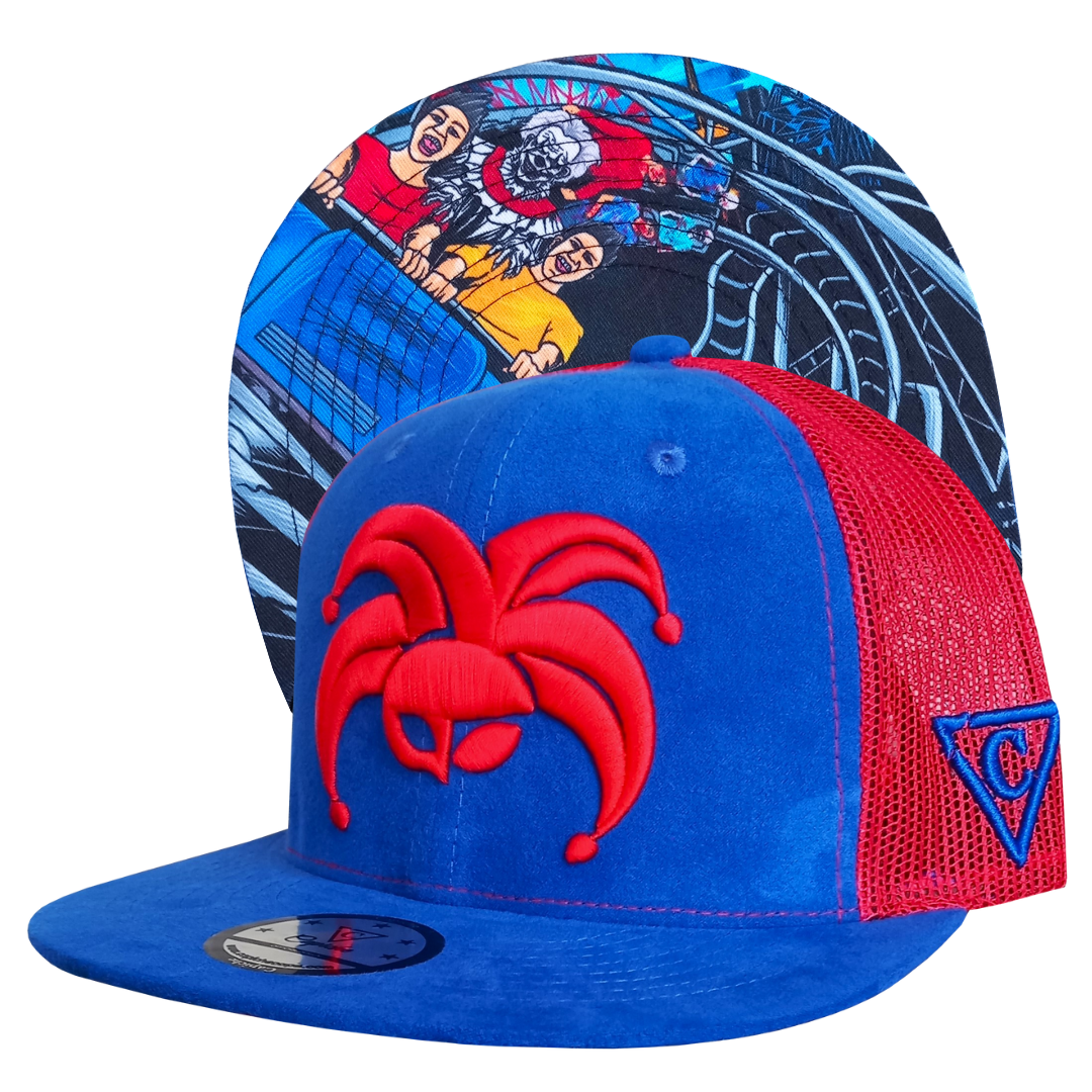 Wild Ride Trucker Snapback - Blue Suede/Red Mesh - Capiche Caps Clown