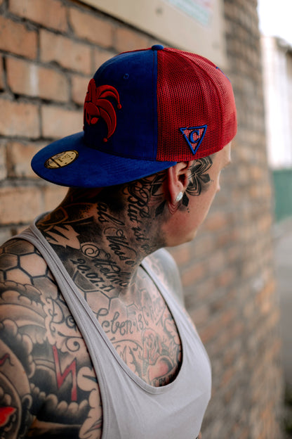 Wild Ride Trucker Snapback - Blue Suede/Red Mesh - Capiche Caps Clown