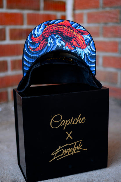 Enno_Ink x Capiche Collab Snapback Black Suede - The Koi 2.0 - Capiche Caps Black