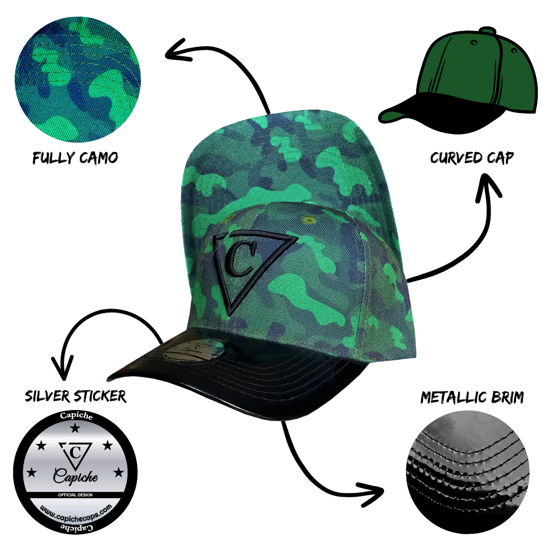 Green Camo Curved Cap - Green/Black Metallic - Capiche Caps Black