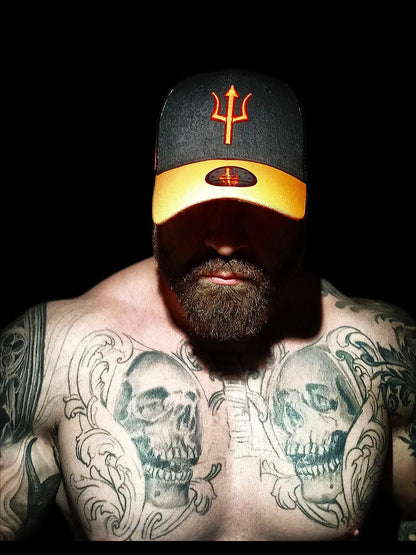 Black Orange Trucker Cap Aethon on Tattoo Model from Capiche Caps (6).jpg