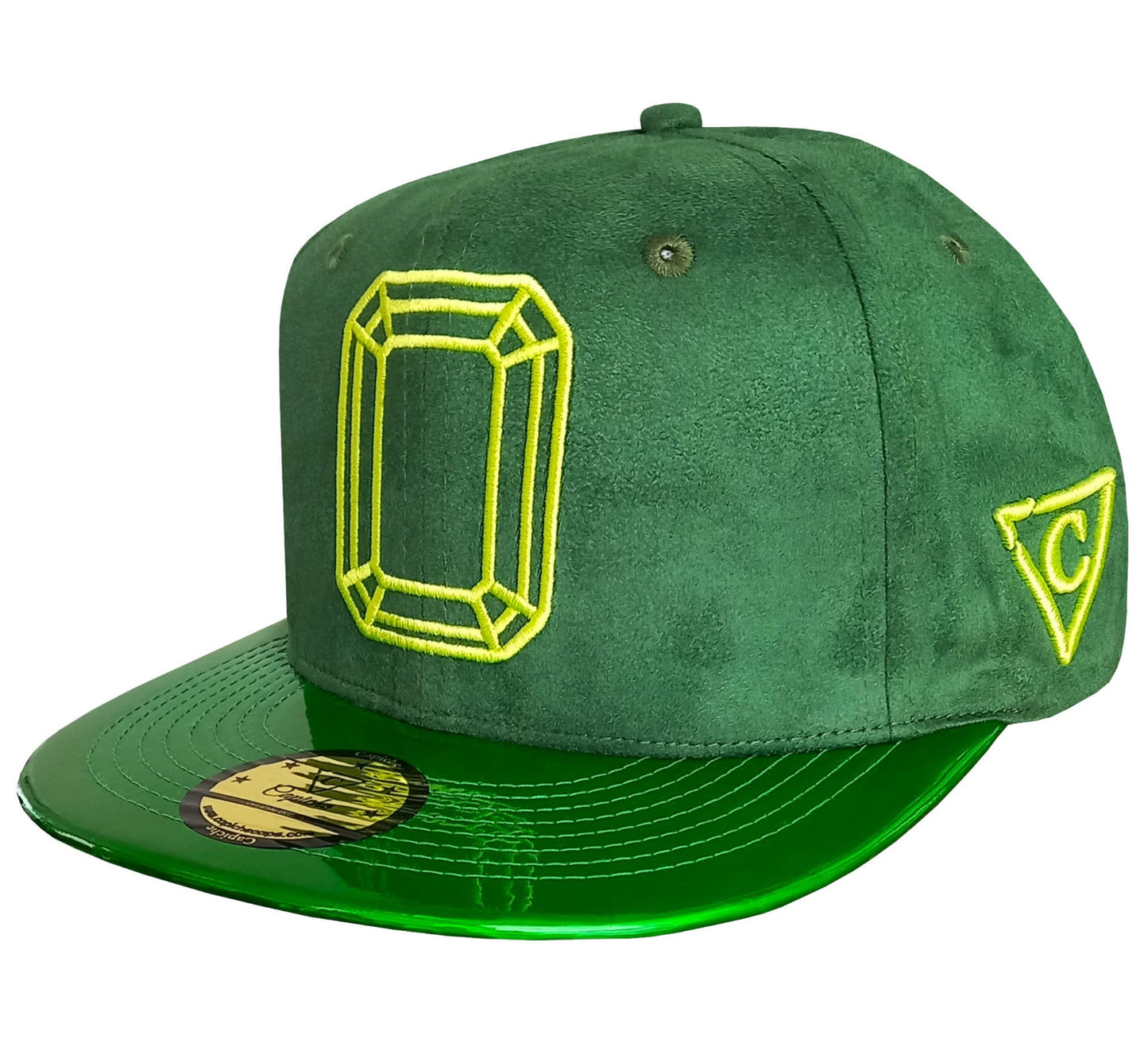 Gorra snapback de gamuza esmeralda con visera holográfica verde - Capiche Caps Suede
